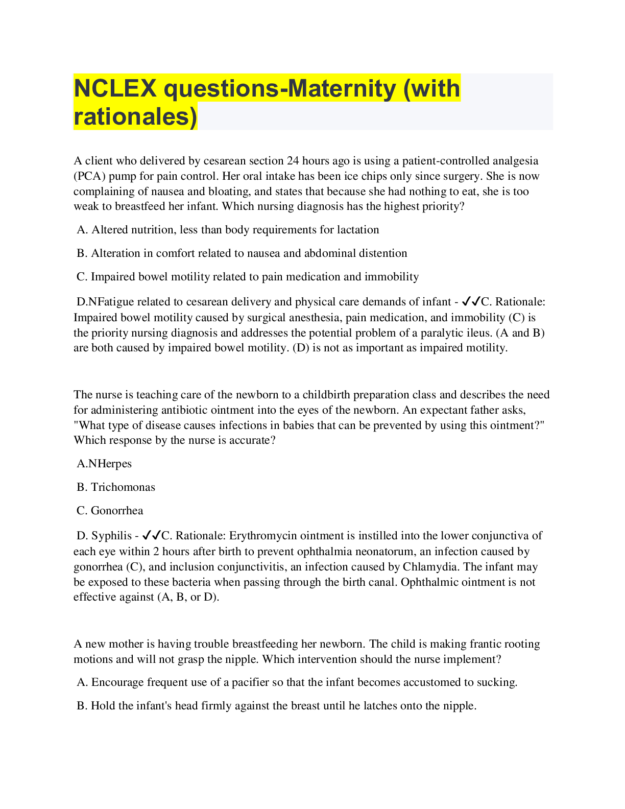 NCLEX questionsMaternity (with rationales) solution guide